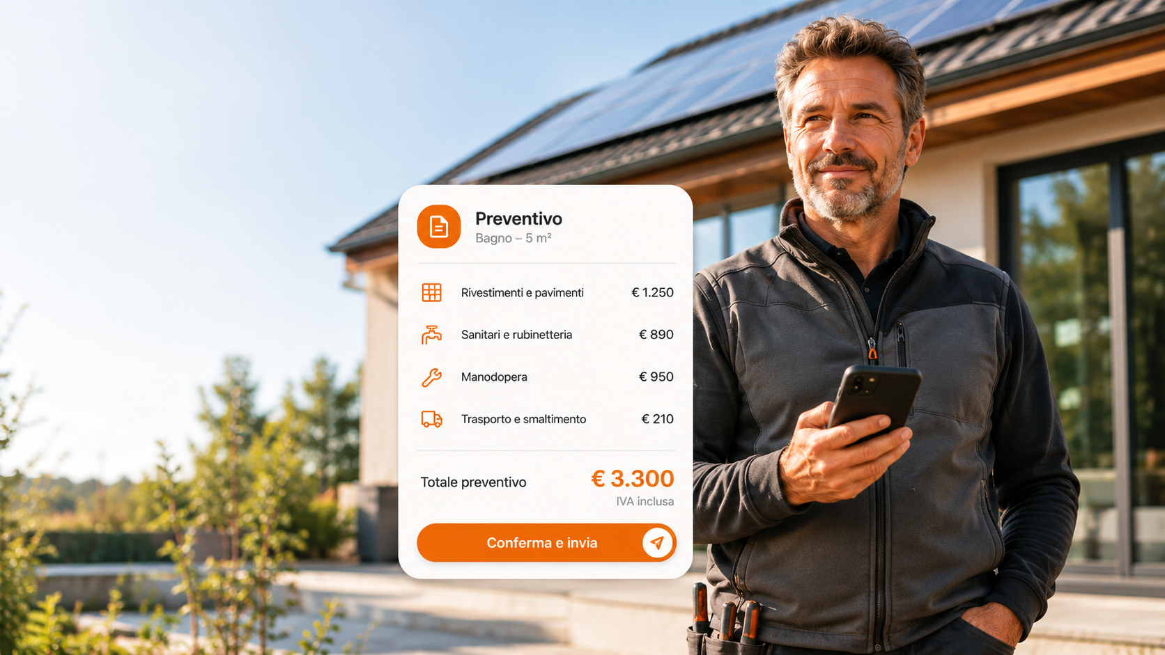 Uomo con telefono e mockup preventivo